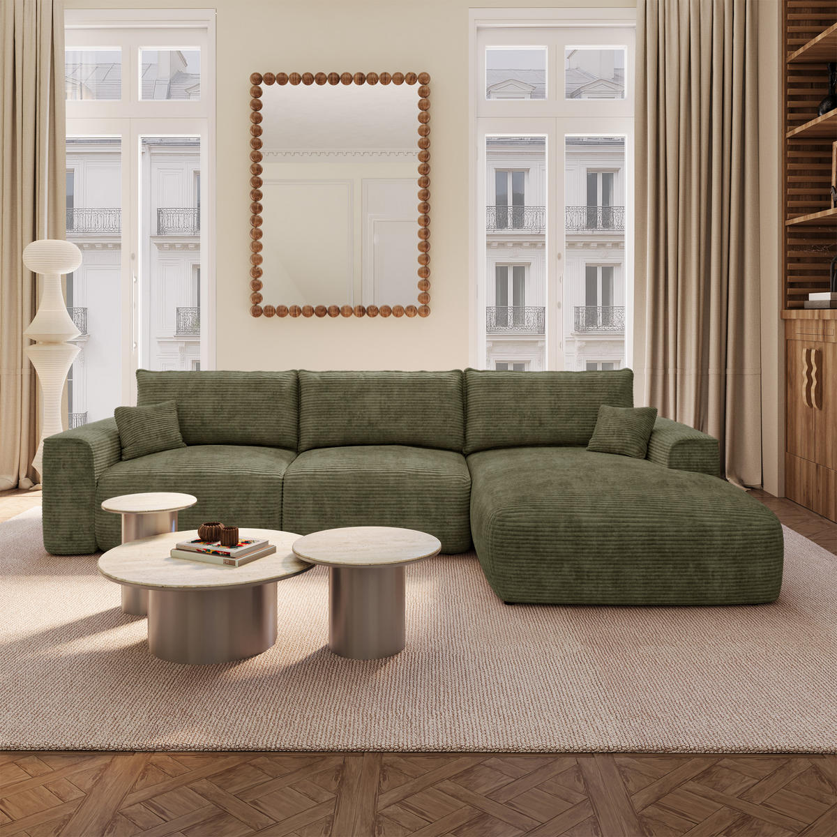 ECKSOFA rechtwinklig COMO Cord Olivgrün 297cm - Olivgrün/Grün, Textil (297/167cm) - Premium Interiors
