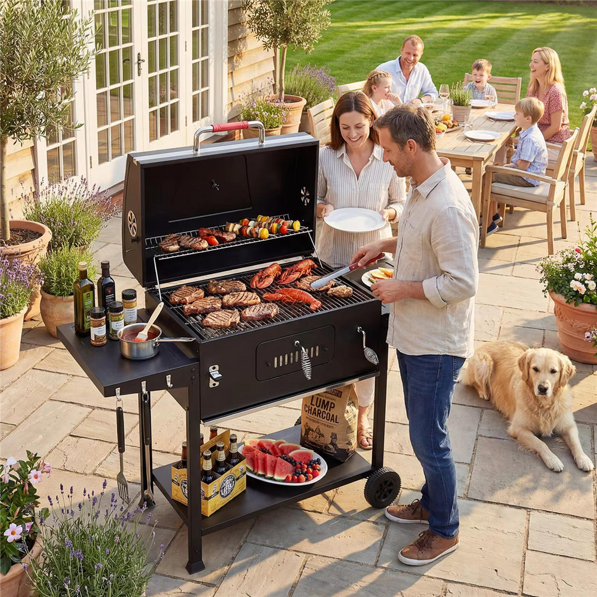 HOLZKOHLEGRILL Gartengrillwagen mit Thermometer - Schwarz, Metall (76/87/45.5cm) - Kaket