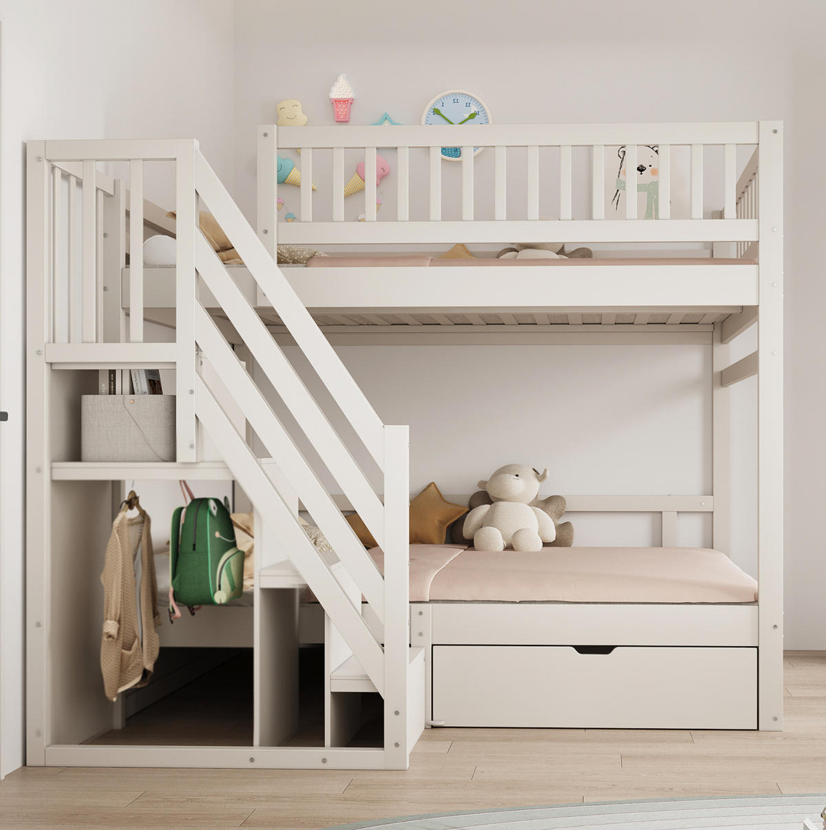 ETAGENBETT 140/200 cm mit Lattenrost, Stauraumtreppe und Schubladen, Weiß - Weiß, Holzwerkstoff (140/200cm) - Redom