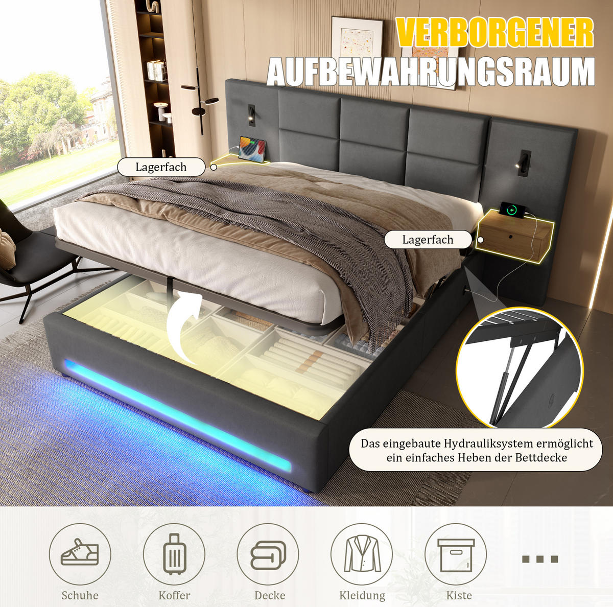 BETT mit Stauraum 180x200 cm Samt Dunkelgrau mit USB-C und LED - Dunkelgrau, Metall (180/200cm) - Meubliv