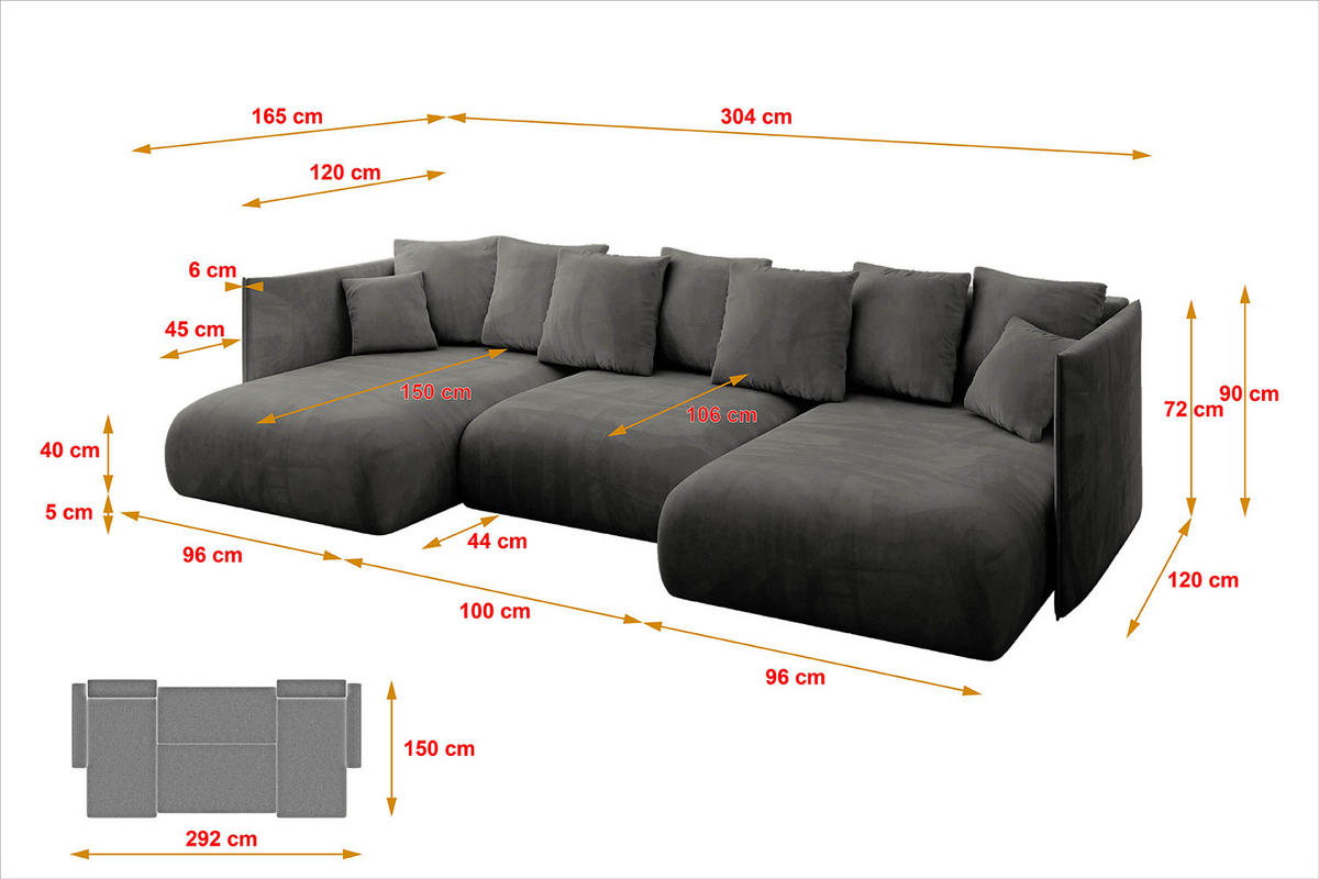WOHNLANDSCHAFT mit Schlaffunktion und Bettkasten ONESK-U 304x165x40 Dunkelgrau Velours - Dunkelgrau, Holzwerkstoff/Kunststoff (304/90/165cm) - ALTDECOR