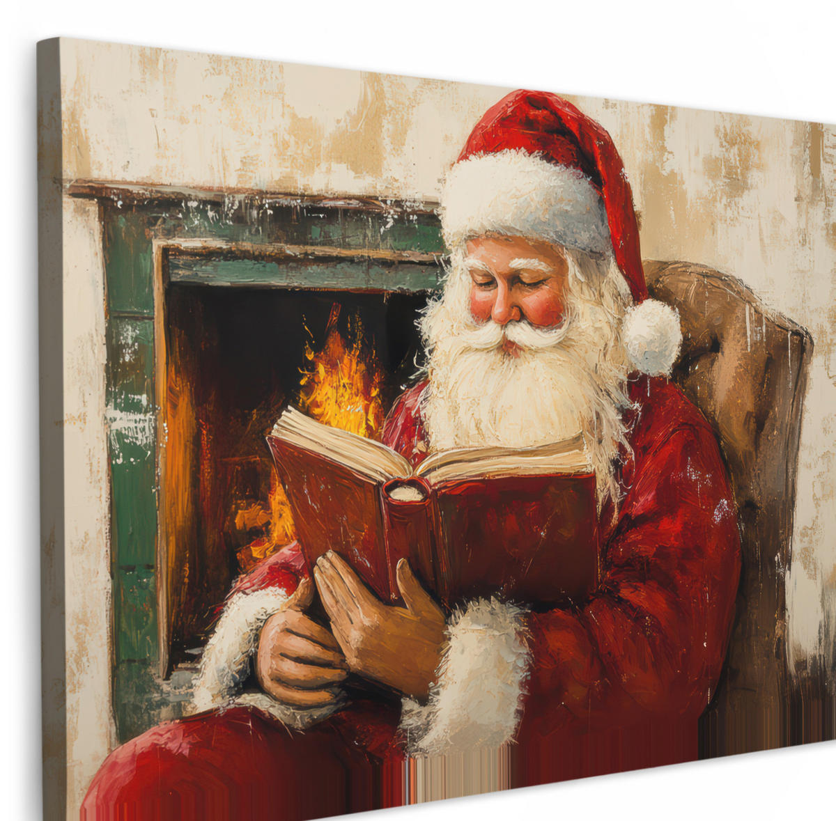 LEINWANDBILD Weihnachten - Weihnachtsmann - Winter - Open Fireside Wohnzimmer 120x80 cm - Dunkelrot, Textil (120/80cm) - MuchoWow