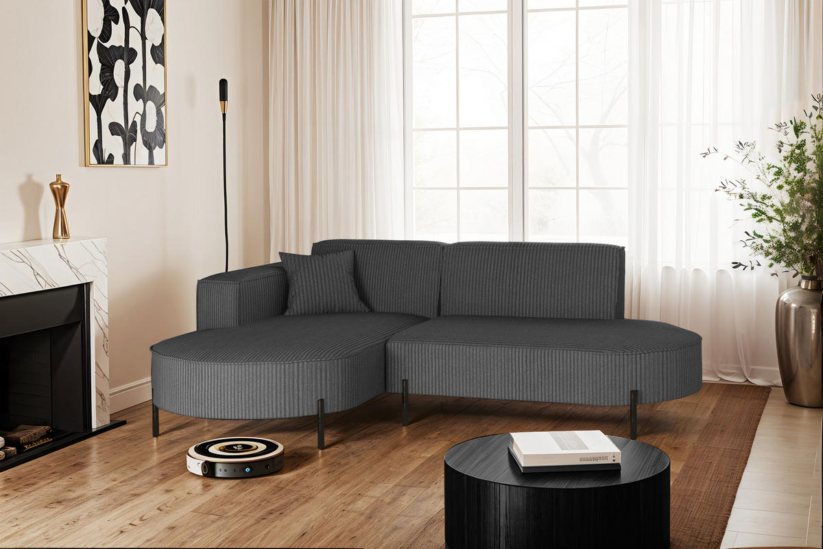 ECKSOFA L-Form Designer Modena Rein stoff Cord Graphit Links - Dunkelgrau, Holzwerkstoff (165/236cm) - Kaiser Möbel