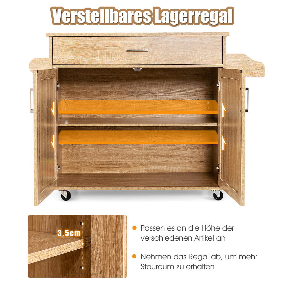KÜCHENWAGEN Holz Natur - Weiß, Holz (40/85/116cm) - COSTWAY