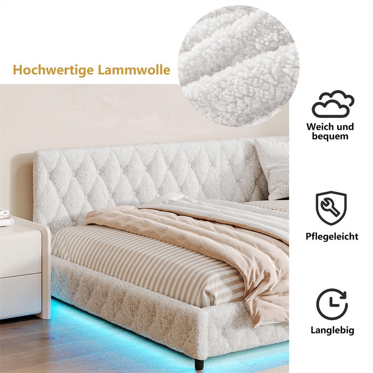 POLSTERBETT 140x200 cm - Doppelbett mit LED-Bettumrandung und USB-Ladefunktion - ohne Matratze - Beige - Beige, Textil (140/200cm) - DELFA