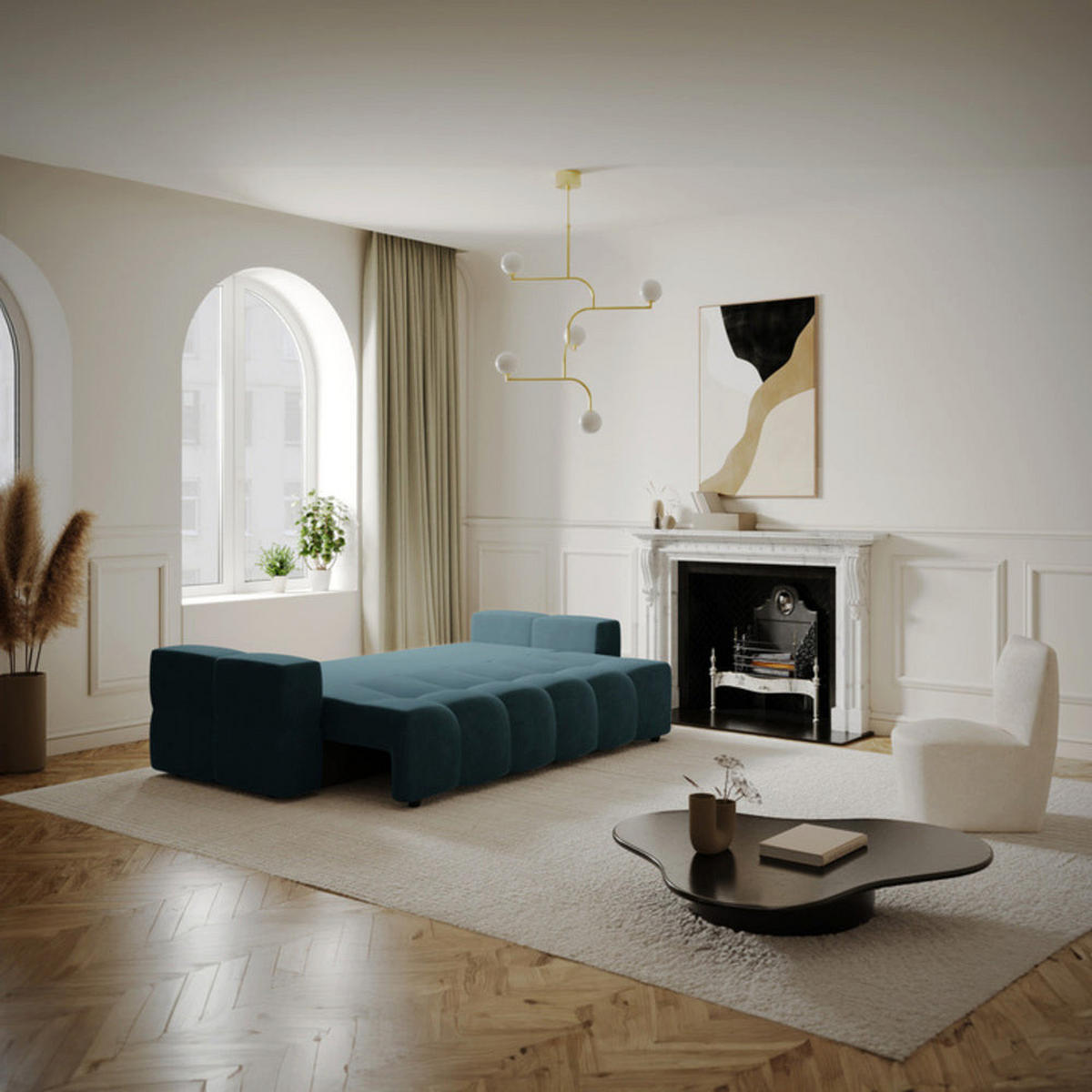 SCHLAFSOFA 4-SITZER Mit Stauraum Nussbaum Samt pfauenblau - Blau/Hellblau, Textil (247/90/102cm) - Sia Home