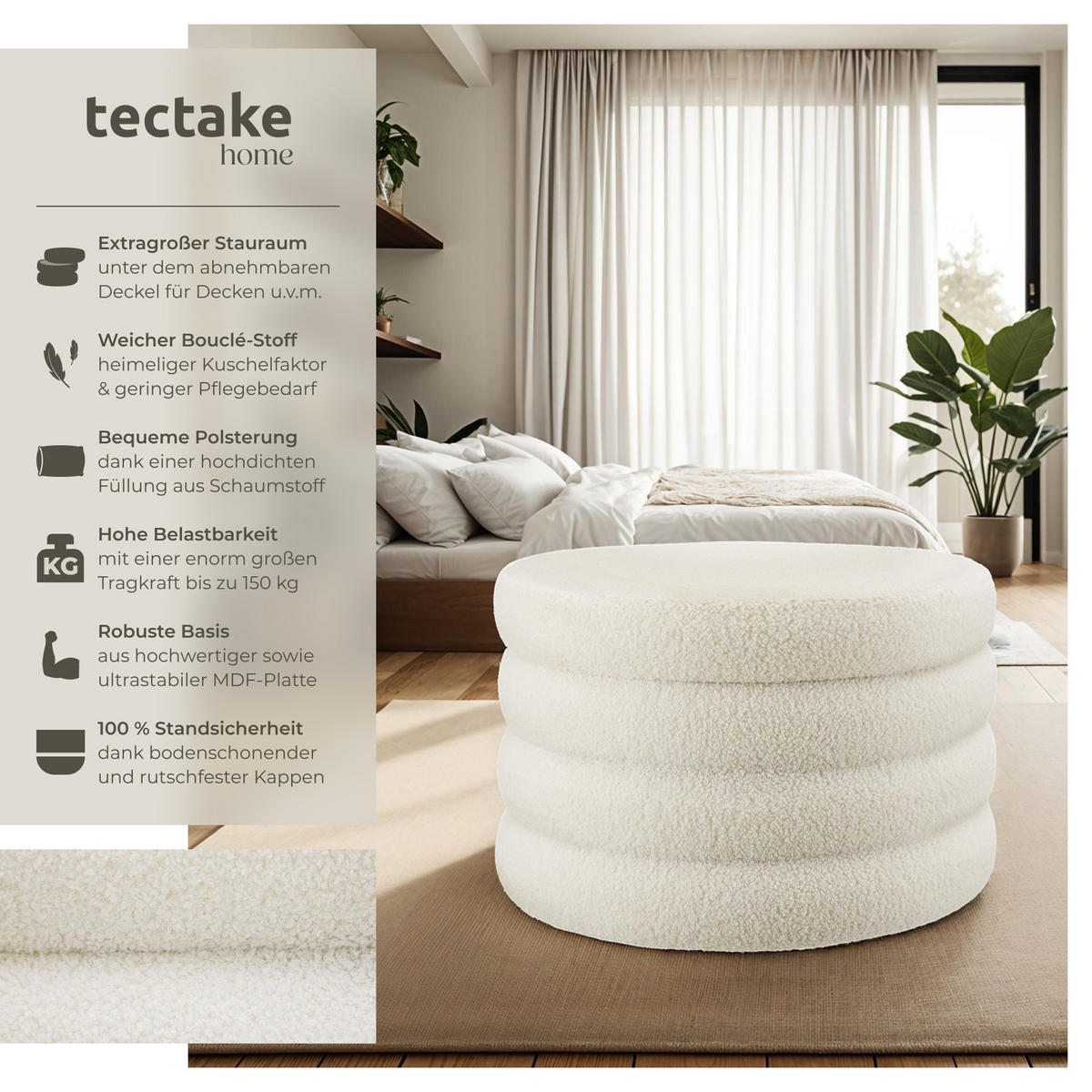 SITZHOCKER mit Stauraum Altu Xl,67 x 42 cm,Bouclé creme-weiß - Creme/Weiß, Holz (67/42/67cm) - tectake