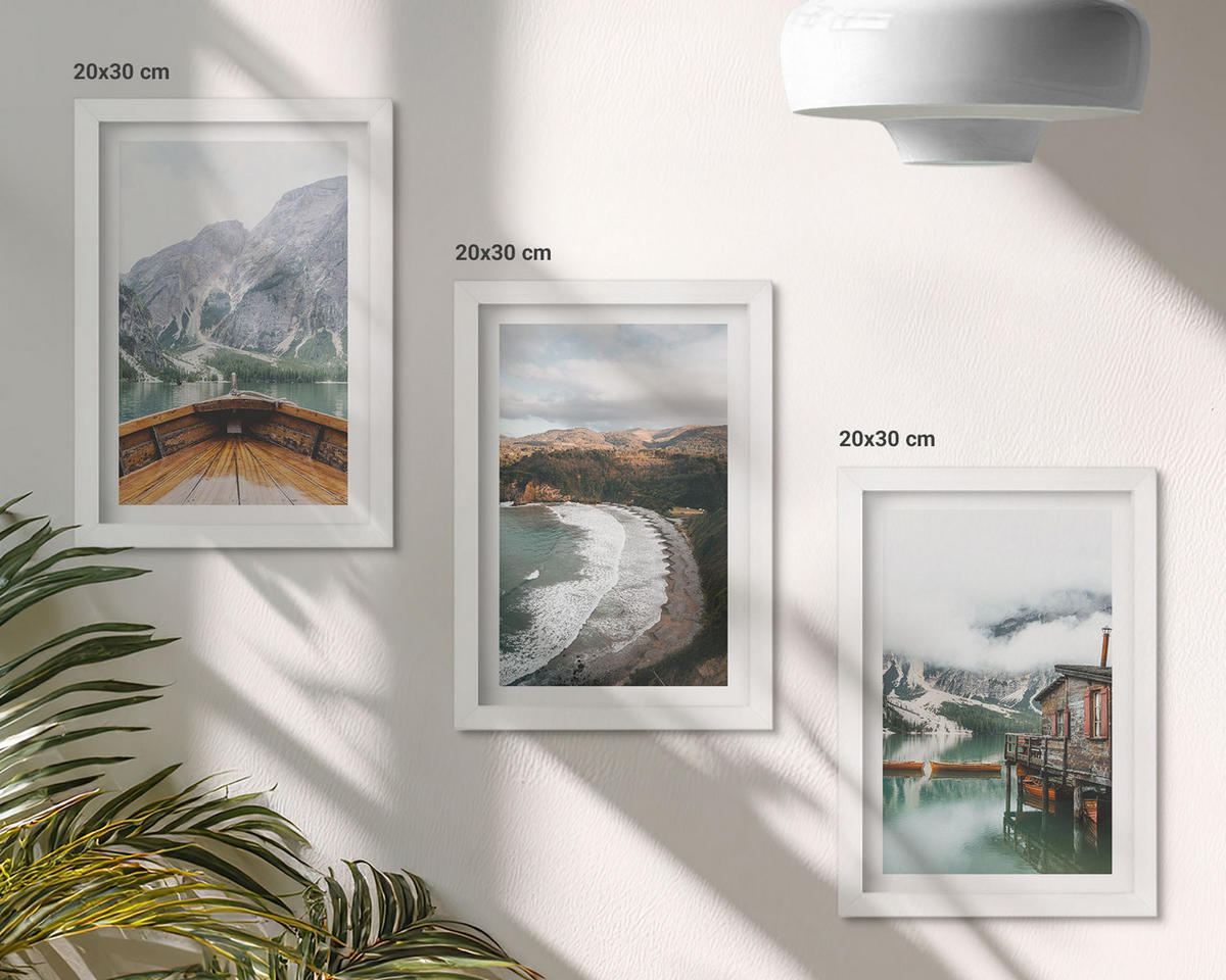 WANDBILDER 3er-Set - 20x30 cm Weißer Rahmen - Berge, See, Boot, Strand, Landschaft - Weiß, Kunststoff (20/30cm) - ArtPrintCave