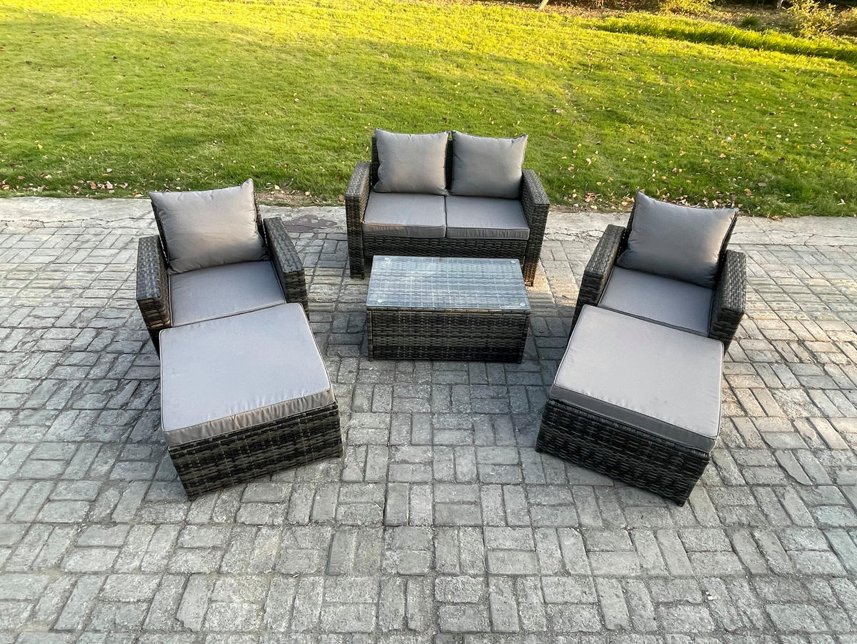 GARTENMÖBEL SET MIT COUCHTISCH 2 HOCKER Polyrattan Dunkelgrau Gemischt 6-Sitzer - Dunkelgrau, Metall - Fimous