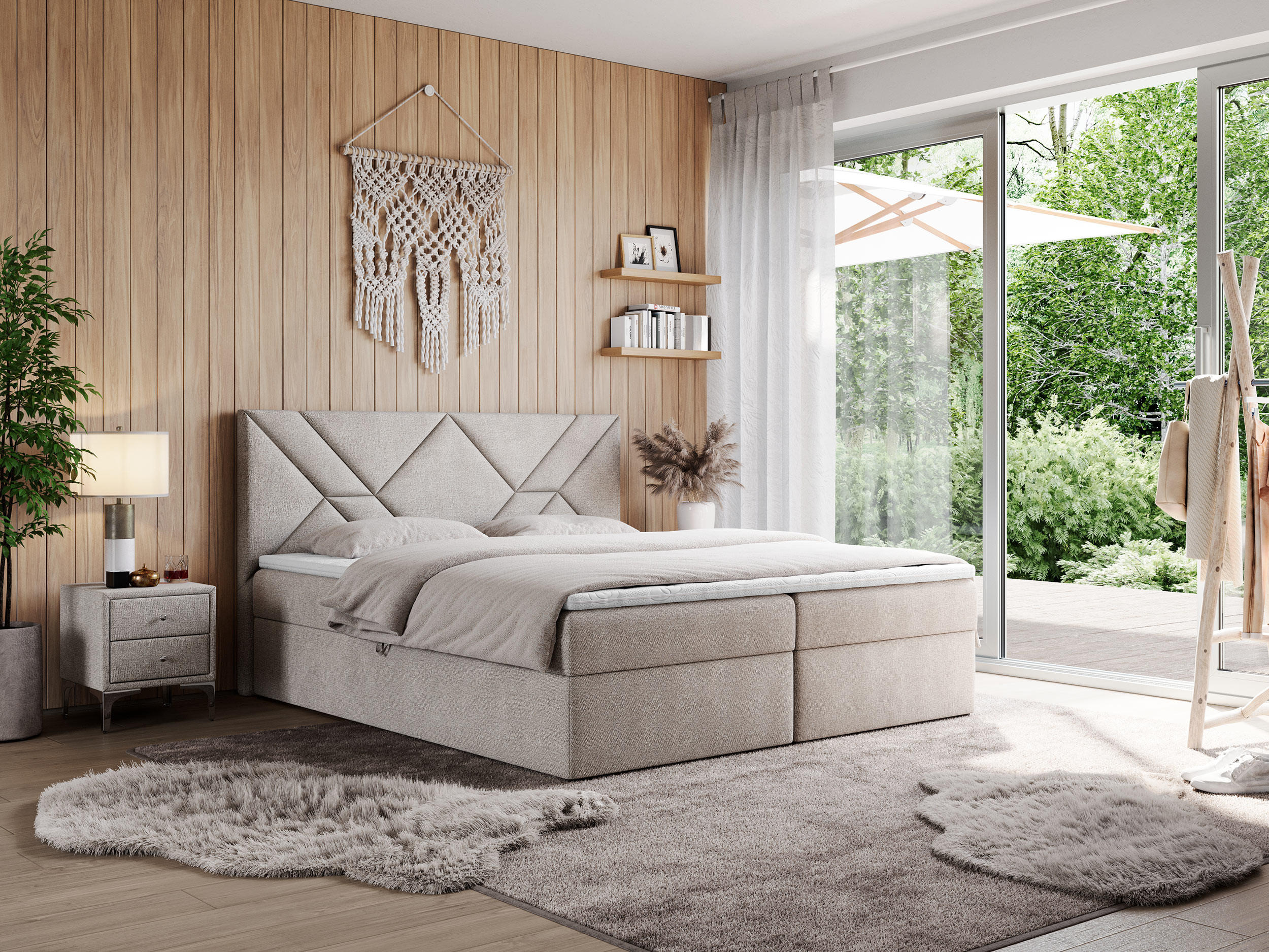 BOXBETT NEOMI 120/200 - Beige Strukture - H3 - Visco - Beige, Holz/Textil (120/200cm)