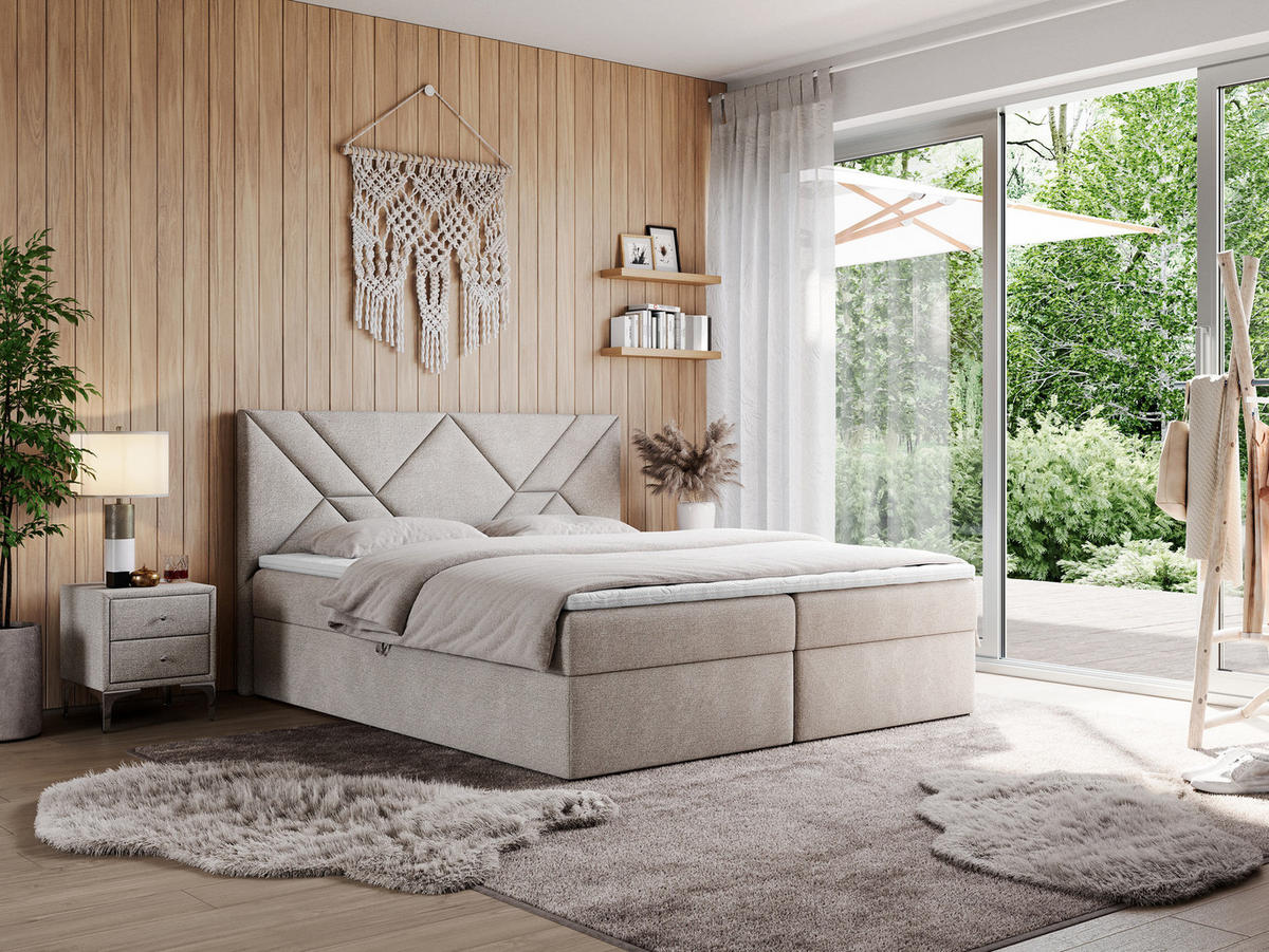 BOXBETT NEOMI 160/200 - Beige Strukture - H3 - Visco - Beige, Holz/Textil (160/200cm)