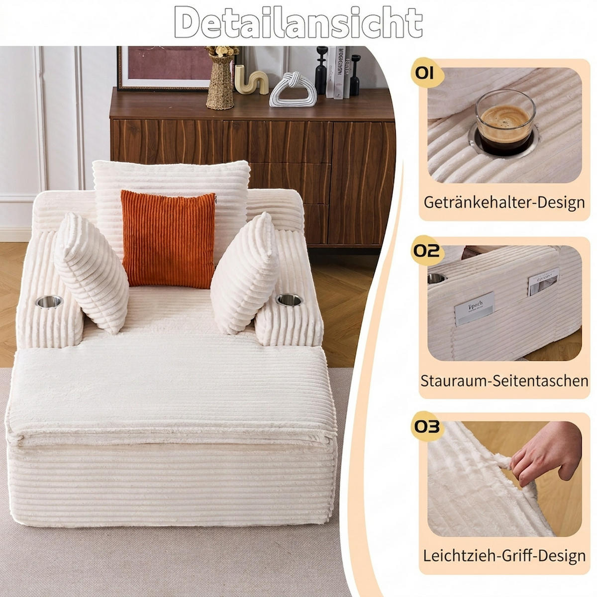 SCHLAFSOFA 165/112/63 cm Beige mit Chaiselongue, 3 Kissen und 1 Decke - Beige, Textil (112/63/165cm) - Oxeza