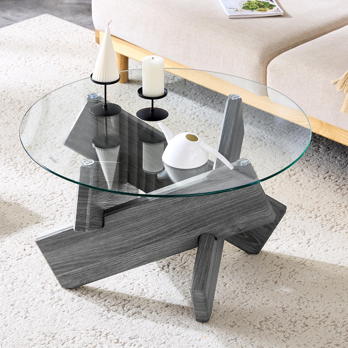 COUCHTISCH 79/45 cm aus Glas und MDF mit Kreuzgestell in Grau - Grau, Holzwerkstoff (79/79/45cm) - Flora Grace