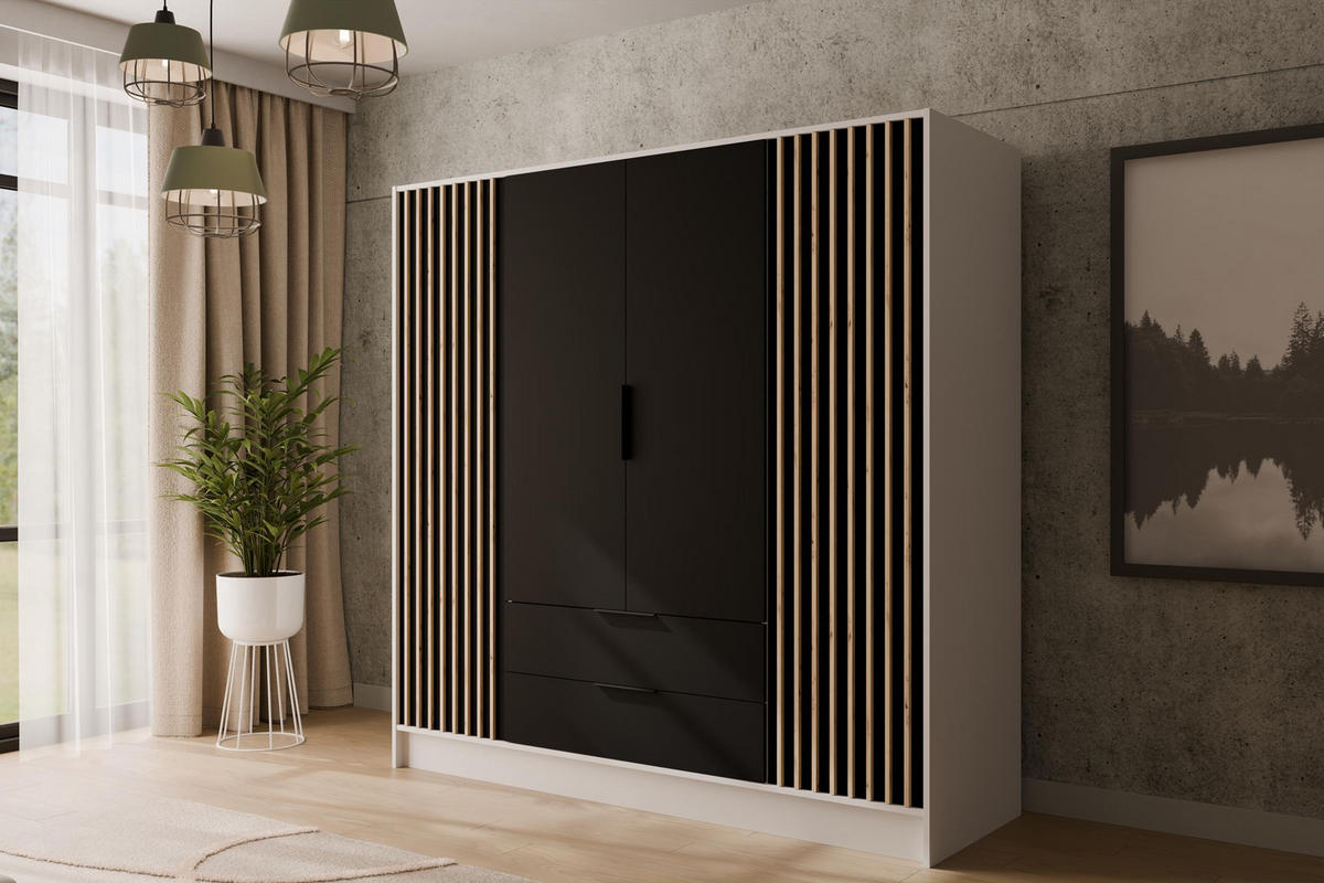 KLEIDERSCHRANK NELIA - 200 cm - Schwarz/Weiß, Holzwerkstoff (200/200/51cm) - ALTDECOR