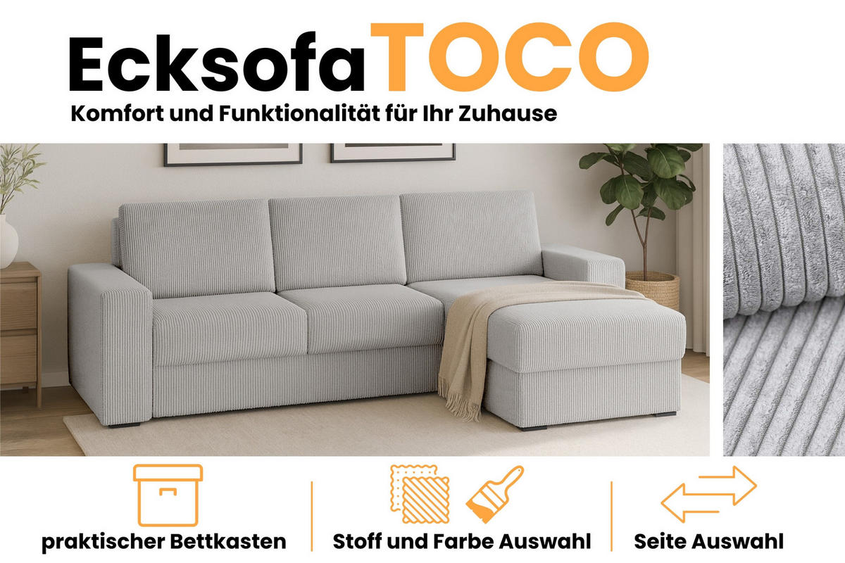 ECKSOFA TOCO L 240x145 cm in Cord Hellgrau rechts - Hellgrau, Holz/Holzwerkstoff (240/145cm) - Deine Möbel 24