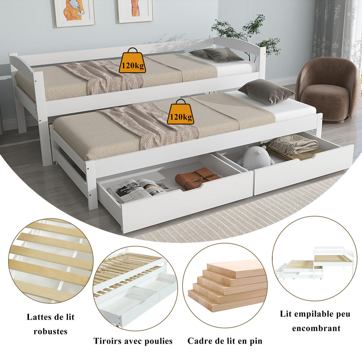 DAYBETT 90x200 cm Rollbett weiß - Weiß, Holz (90/200cm) - Fortuna Lai