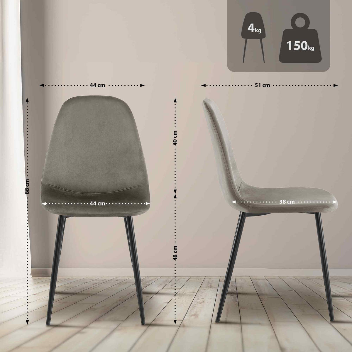 STUHL 4er Set Samt Anthrazit - Anthrazit/Schwarz, Textil/Metall (44/88/51cm) - CLP