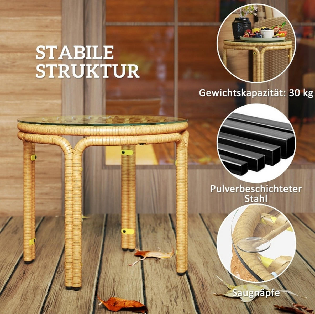 LOUNGETISCH 50/50/44 cm gelb aus PE-Rattan mit Glasplatte - Gelb, Glas (50/50/44cm) - OKWISH