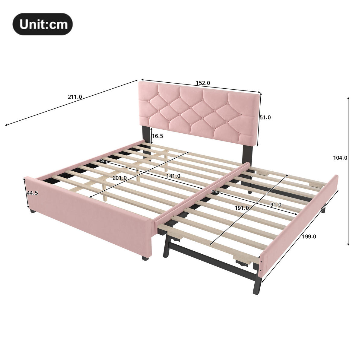 POLSTERBETT aus Samt und MDF 140x200 cm Rosa mit Lattenrost und ausziehbarem Rollbett - Rosa, Textil (140/200cm) - IVMEU