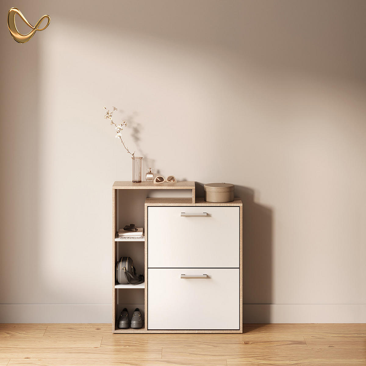 SCHUHKIPPER Ortello Weiß/Sonoma 24.5 x 90 cm - Weiß/Sonoma Eiche, Holzwerkstoff (24.5/90/80cm) - Livinity®