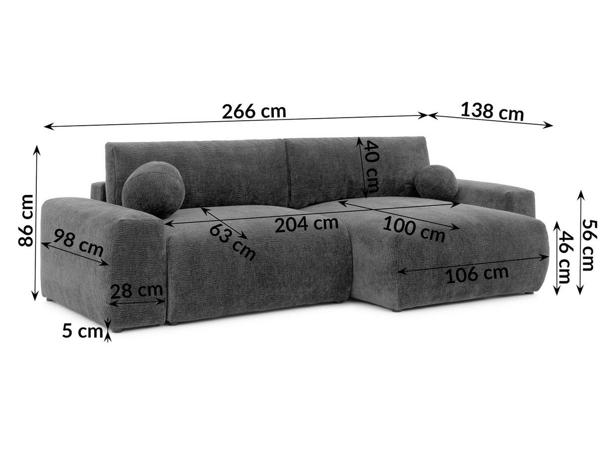 ECKSOFA Puffy mit Schlaffunktion und Bettkasten - besonders weich und puffig aus Dunkelgrau Stoff mit Chenillestruktur - Ottomane rechts - Dunkelgrau/Schwarz, Holz/Kunststoff (266/138cm) - S-Style Möbel
