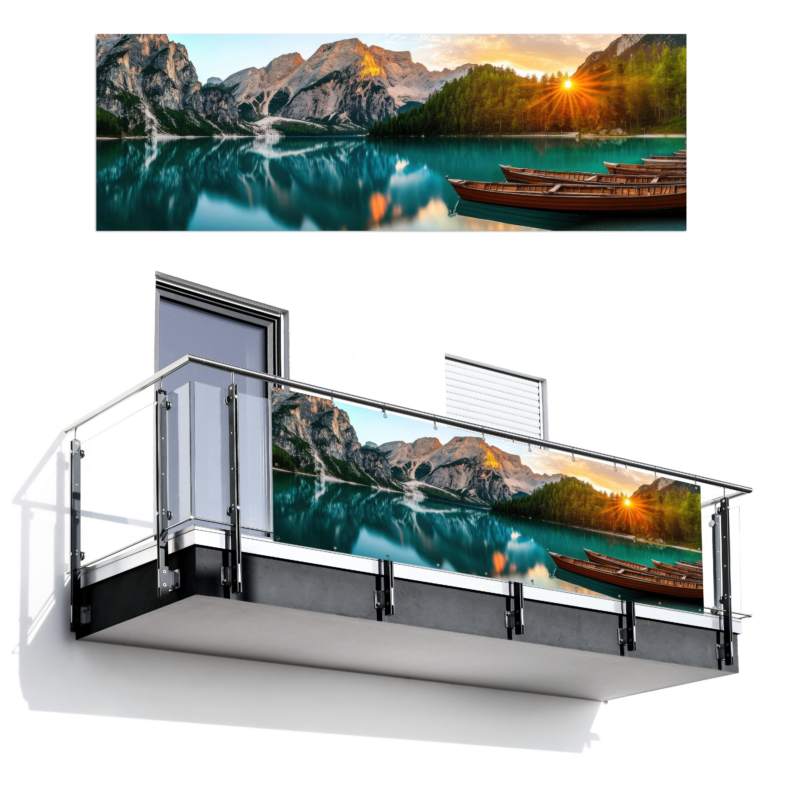 BALKON-SICHTSCHUTZ See - Berge - Sonnenuntergang - Boot - Petrol, Kunststoff (300/100cm) - MuchoWow