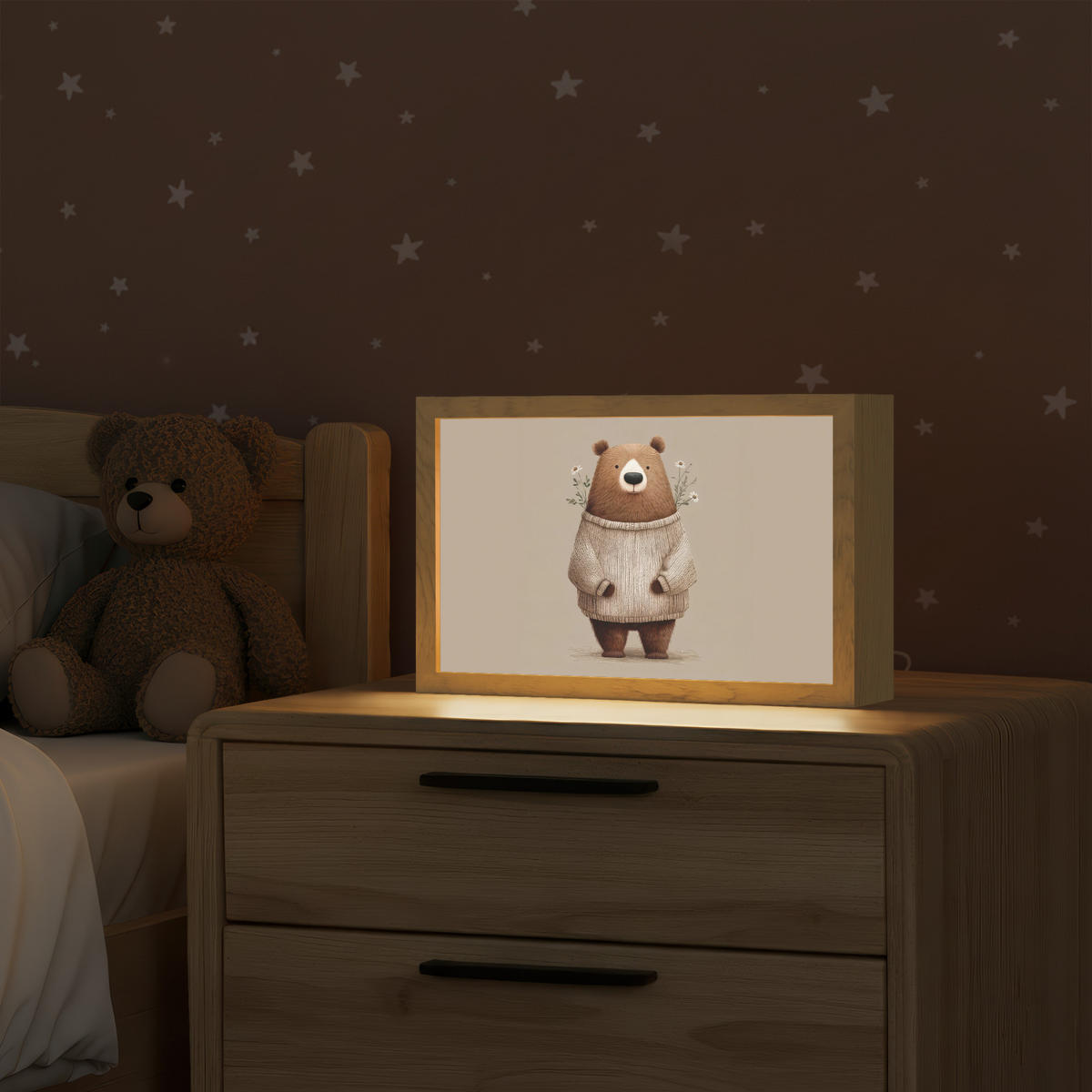 NÁSTĚNNÁ LAMPA Medvěd - Bílé květy - Cosy 30x20 cm - šedohnědá, kompozitní dřevo (30/20/8cm) - OnlyWow