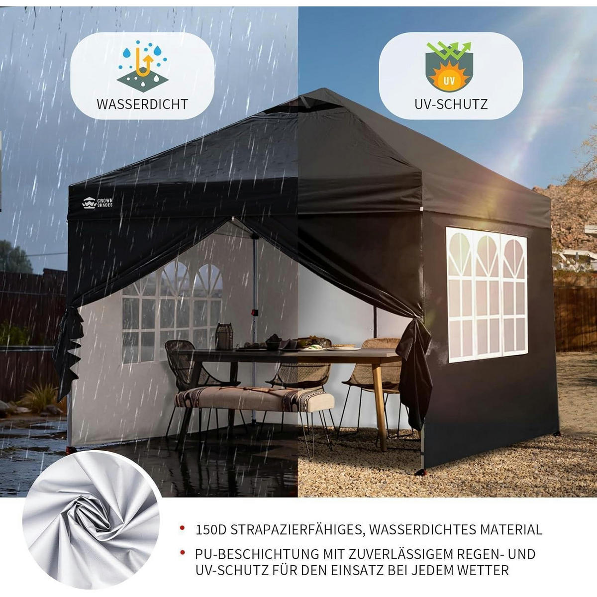 FALTPAVILLON 3x3 m wasserdicht mit 4 Seitenteilen UV-Schutz 50+ Schwarz - Schwarz, Textil (300/284/300cm)