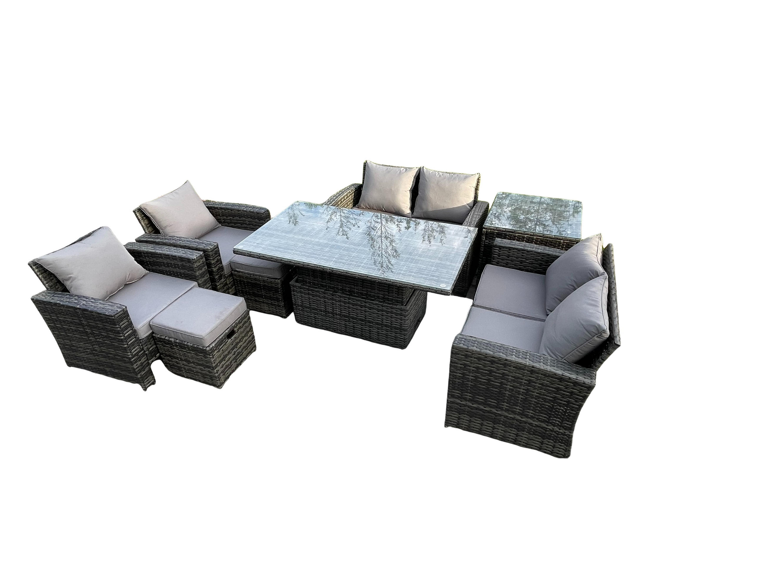 GARTENMÖBEL-SET HÖHENVERSTELLBARER ESSTISCH SOFA SET MIT DOPPELSITZ-SOFA 2 KLEINER HOCKER Polyrattan Dunkelgrau Gemischt 8-Sitzer - Dunkelgrau, Metall - Fimous