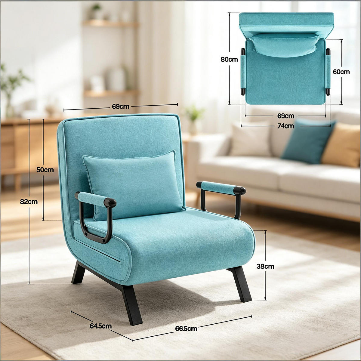 SCHLAFSESSEL 3-in-1 mit Bettfunktion, DE-42147, Hellblau - Blau, Metall (66.5/82/65cm) - ComfortXL