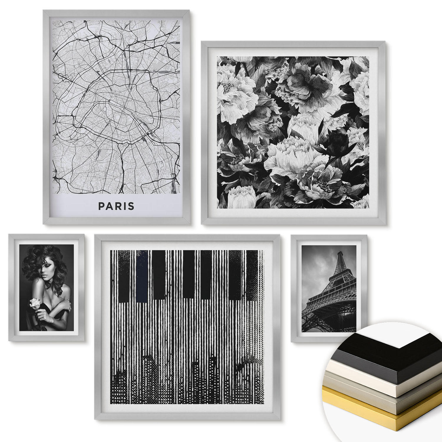 WANDBILDER 5er Set - 50x50 cm & 20x30 cm & 40x60 cm Silberner Rahmen - Porträt einer Frau mit einer Eiffel-Rose - Silberfarben, Kunststoff (40/60cm) - ArtPrintCave