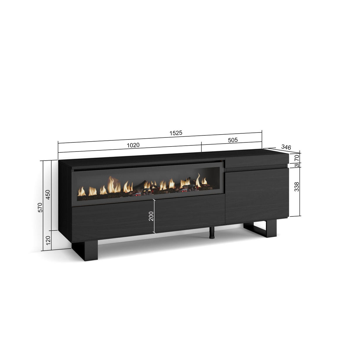 LOWBOARD Elektrokamin, schwarz, 150/35/57cm - Anthrazit/Schwarz, Holzwerkstoff (150/57/35cm) - Skraut Home