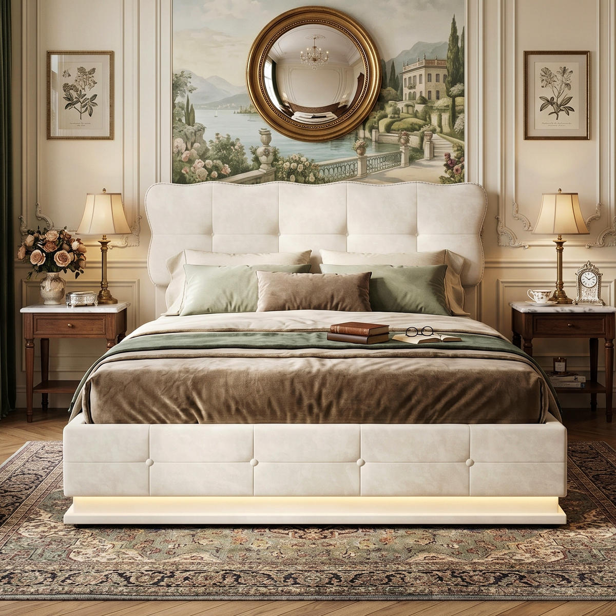 POLSTERBETT Wellen-Design 140/200 cm mit Bettkasten & LED Samtoptik Beige - Beige, Textil (140/200cm) - Creahappy