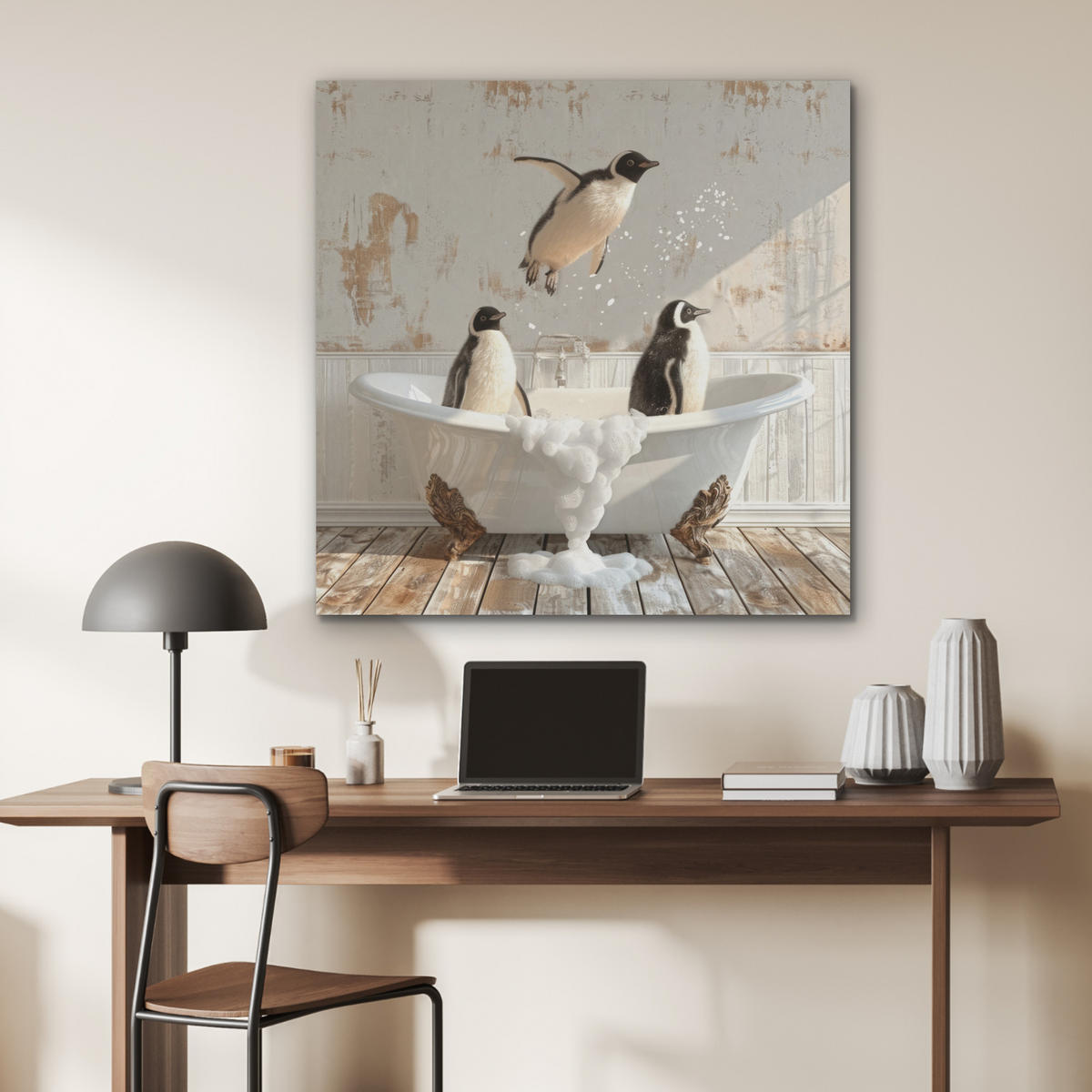AKUSTIKPANEEL Vintage - Pinguin - Badewanne - Schaumstoff 90x90 cm - Schwarz, Textil (90/0.9/90cm) - MuchoWow