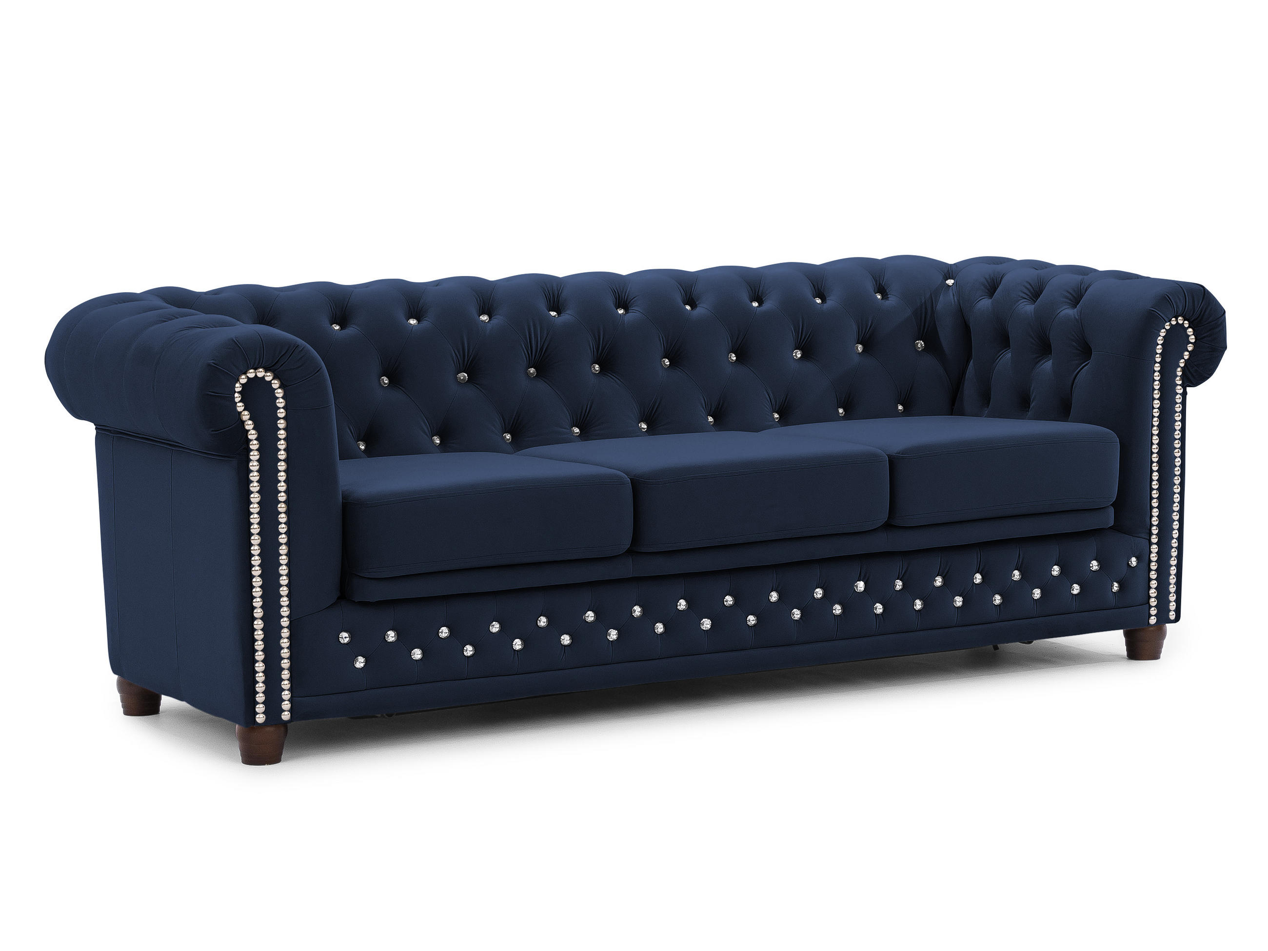 CHESTERFIELD-SOFA 3-Sitzer mit Schlaffunktion Cleo Blink Marineblau Samt mit Kristallsteppung und braunen Massivholzfüßen - Blau/Braun, Holz/Textil (203/72/86cm) - S-Style Möbel
