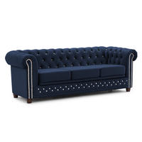CHESTERFIELD-SOFA 3-Sitzer mit Schlaffunktion Cleo Blink Marineblau Samt mit Kristallsteppung und braunen Massivholzfüßen - Blau/Braun, Holz/Textil (203/72/86cm) - S-Style Möbel