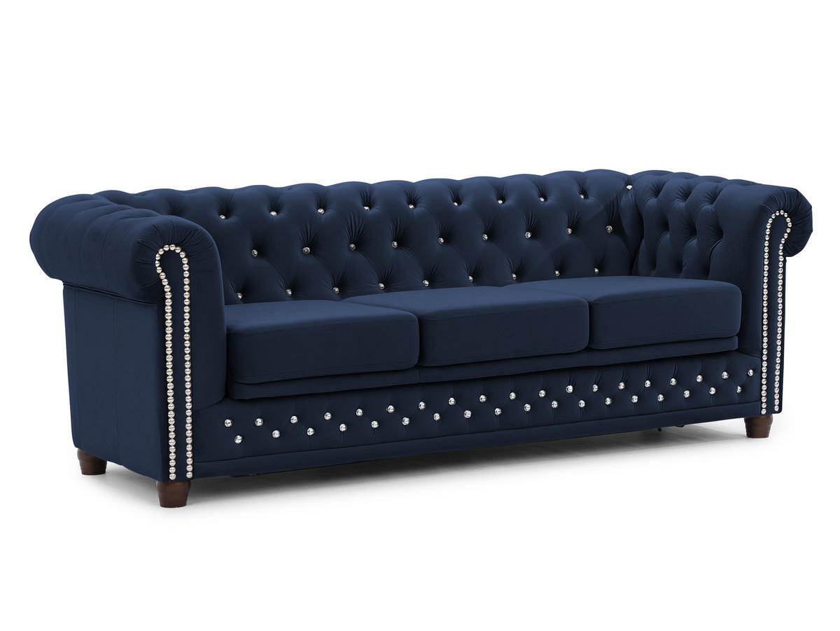 CHESTERFIELD-SOFA 3-Sitzer mit Schlaffunktion Cleo Blink Marineblau Samt mit Kristallsteppung und braunen Massivholzfüßen - Blau/Braun, Holz/Textil (203/72/86cm) - S-Style Möbel