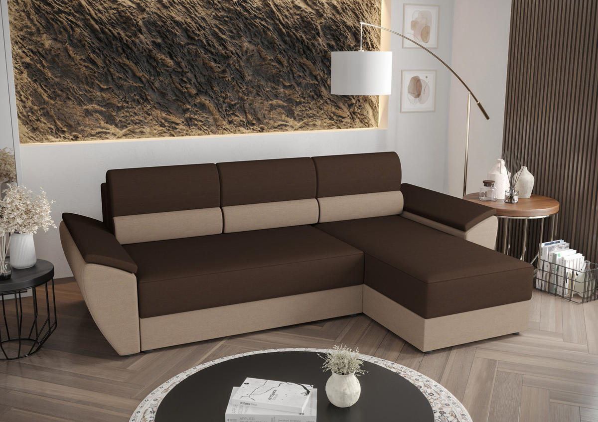 ECKSOFA L REBI L2 Rainbow 20/05 Rechts mit Schlaffunktion, Braun/Beige, L-Form - Beige/Braun, Textil (251/140cm)
