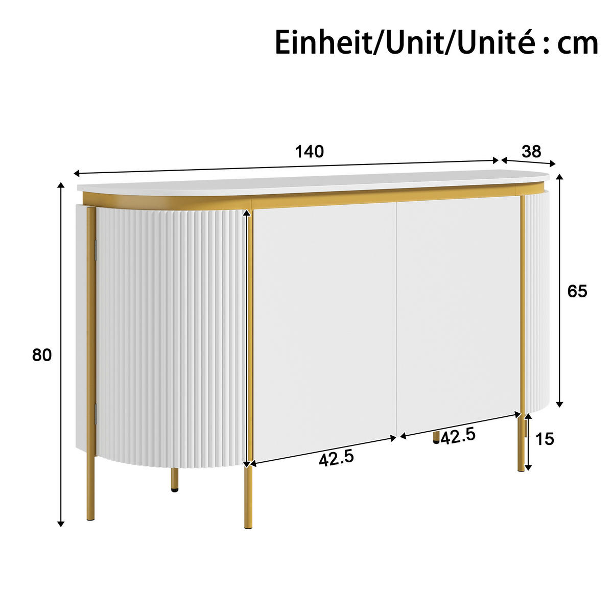 SIDEBOARD Oval 140cm MDF Riffel-Optik 4 Türen Gold-Details - Weiß, Holzwerkstoff (140/80/38cm) - Urban Meuble