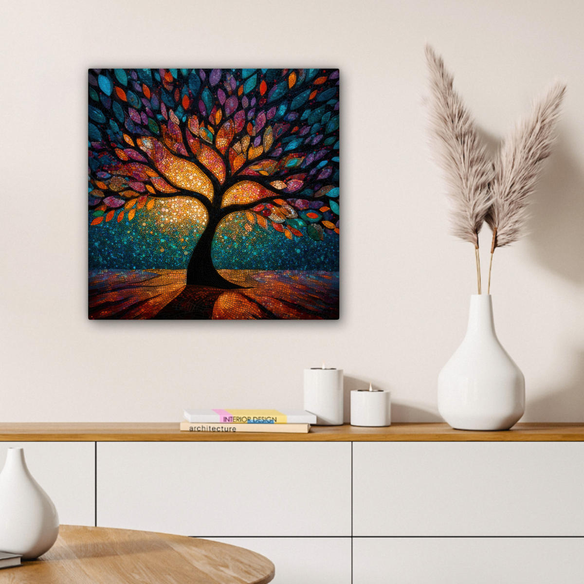 LEINWANDBILD Mosaik - Bunt - Baum - Äste Wandbild Wohnzimmer 50x50 cm - Multicolor, Textil (50/50cm) - MuchoWow