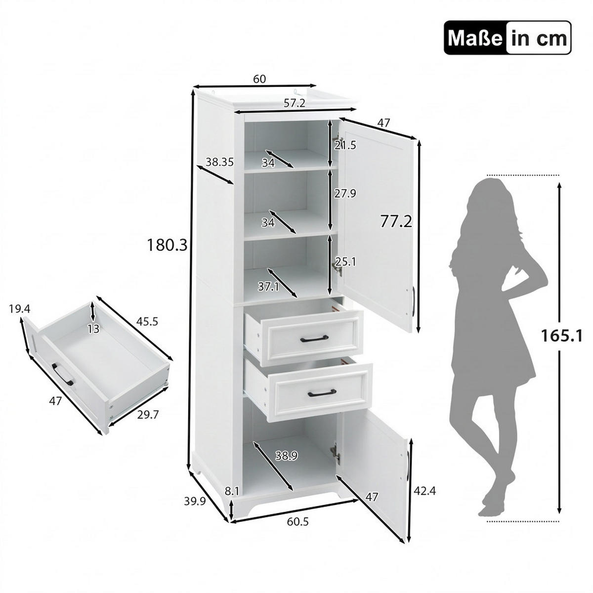 HOCHSCHRANK 60/39.9/180.3 cm Weiß mit 2 Schubladen und 2 Schränken - Schwarz/Weiß, Holz/Holzwerkstoff (40/180/60cm) - Oxeza