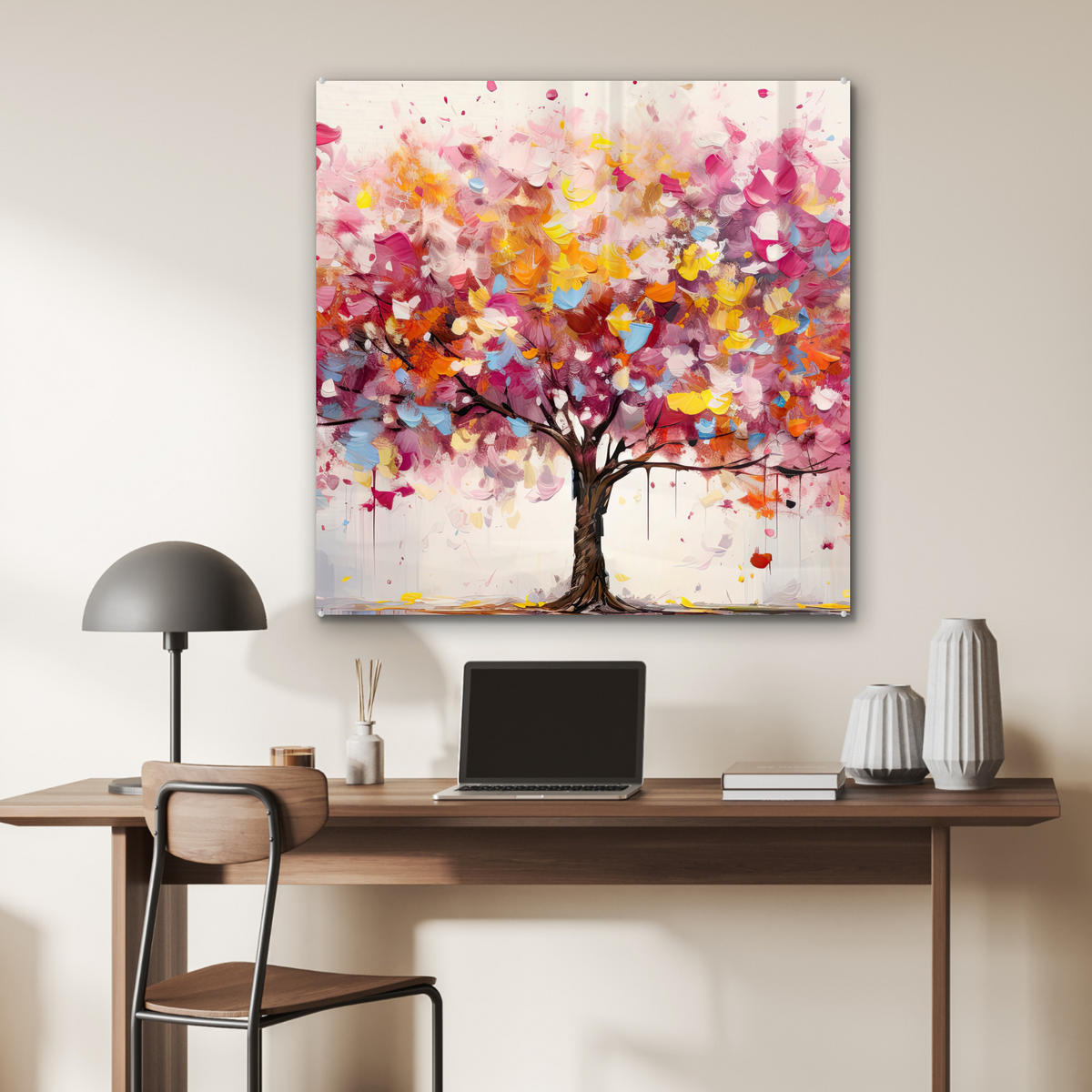ACRYLGLASBILD Aquarell - Baum - Kunst - Abstrakt 90x90 cm - Multicolor, Glas (90/90cm) - MuchoWow
