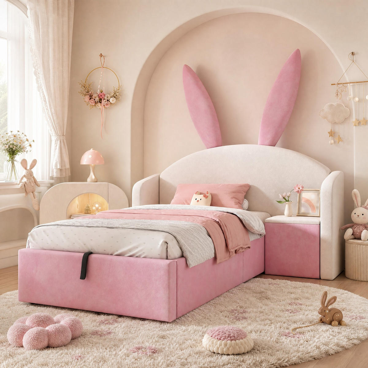 KINDERBETT 90/190 cm in Beige & Rosa Samt mit Bettkasten und Nachttisch - Beige/Rosa, Holzwerkstoff/Textil (90/190cm) - CHICFURN