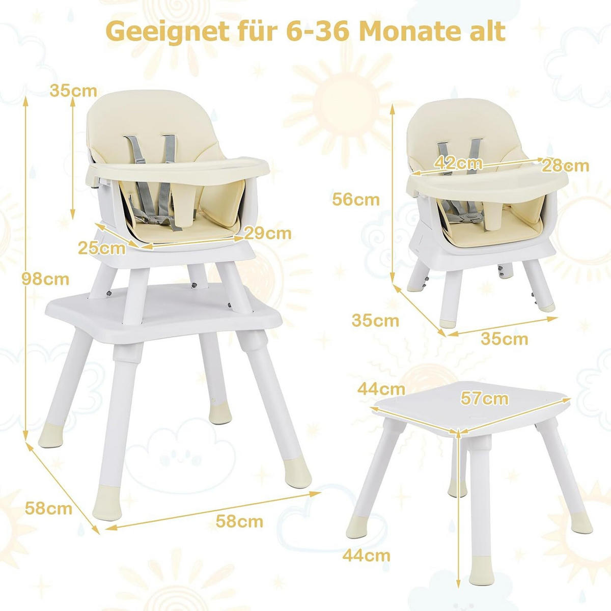 KINDERHOCHSTUHL mit Sicherheitsgurt & abnehmbarem Trichter beige - Beige, Kunststoff (58/98/58cm) - COSTWAY