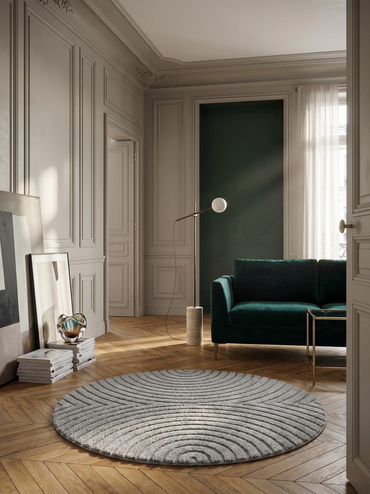 TEPPICH Wohnzimmer Hoch-Tief 3D-Effekt Organische Bögen mit 3D-Effekt OEKO-TEX 3D-Relief Boho Rund Silber 200x200 – RIGI - Silberfarben, Textil (200/200cm) - KADIMA DESIGN