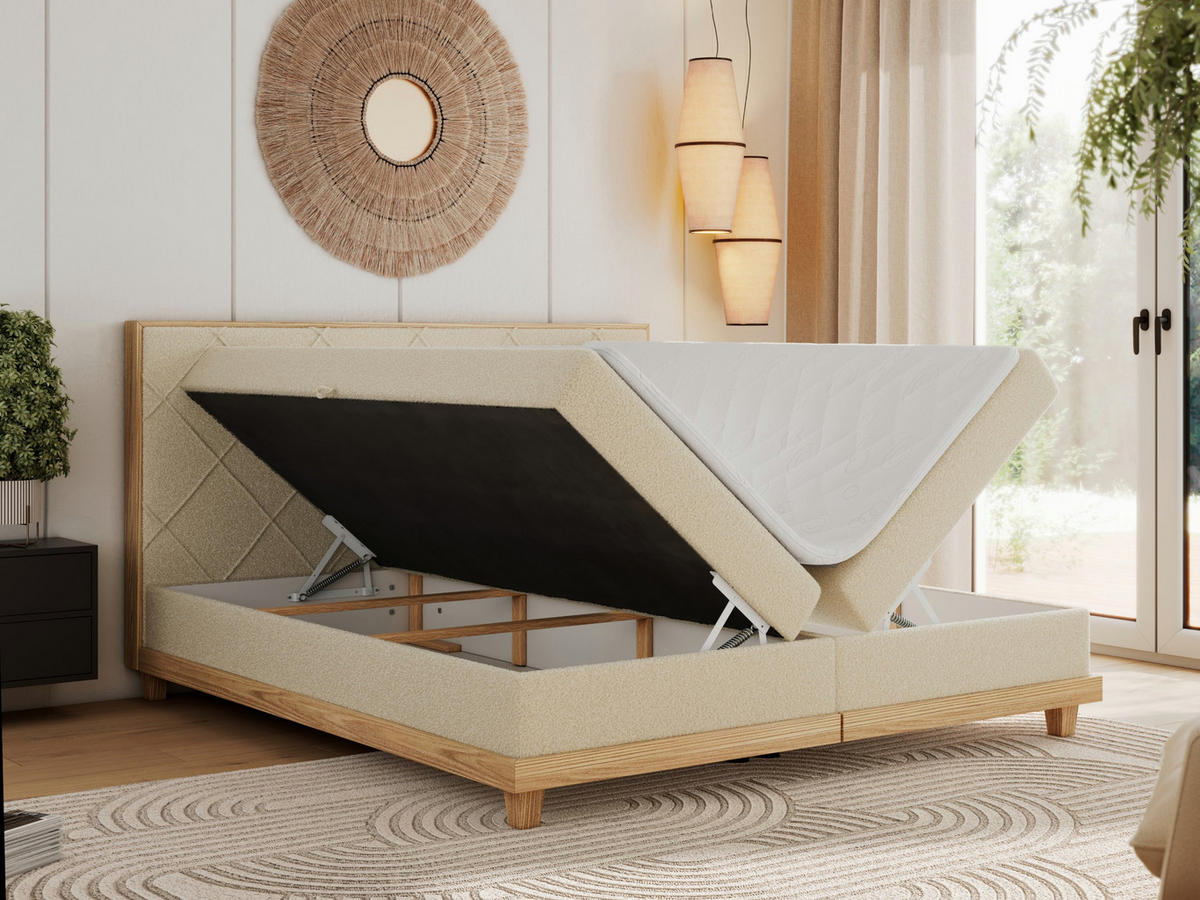 BOXBETT CAICOS 140/200 - Beige Boucle - H4 - Beige, Holz/Textil (140/200cm) - MKS