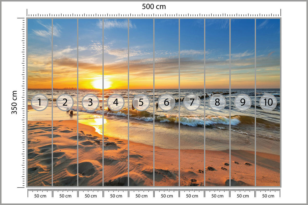 FOTOTAPETE Sonnenuntergang Strand Meer Landschaft 3D 500x350 cm - Blau/Gelb, Papier (500/350cm) - Muralo