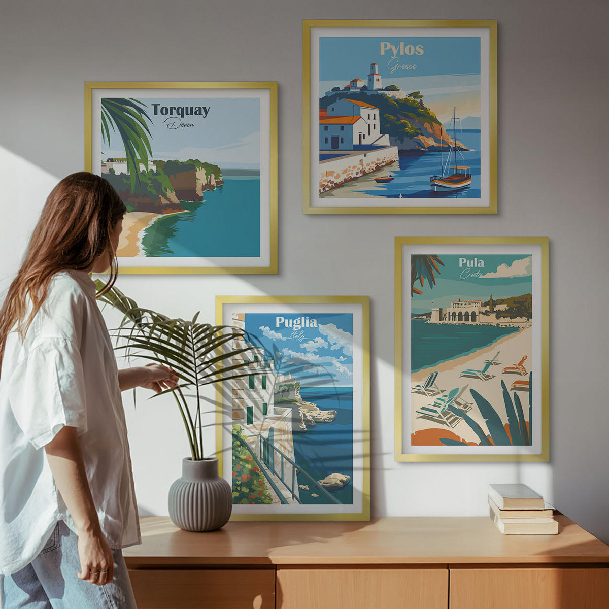 BILDER SET 4er Set - 50x50 cm & 40x60 cm Goldrahmen - Touristische Küstenlandschaften - Goldfarben, Kunststoff (50/50cm) - TULUP