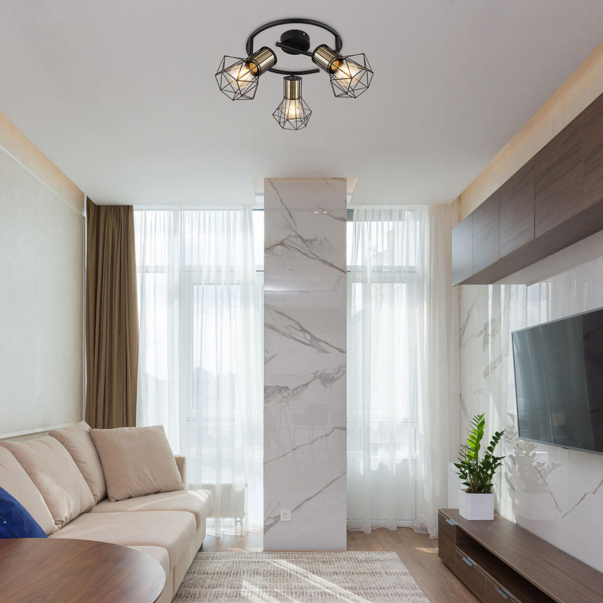 DECKENLEUCHTE PRISKA Schwarz Altmessing - Schwarz, Metall (28.5/28.5/9cm) - Globo Lighting