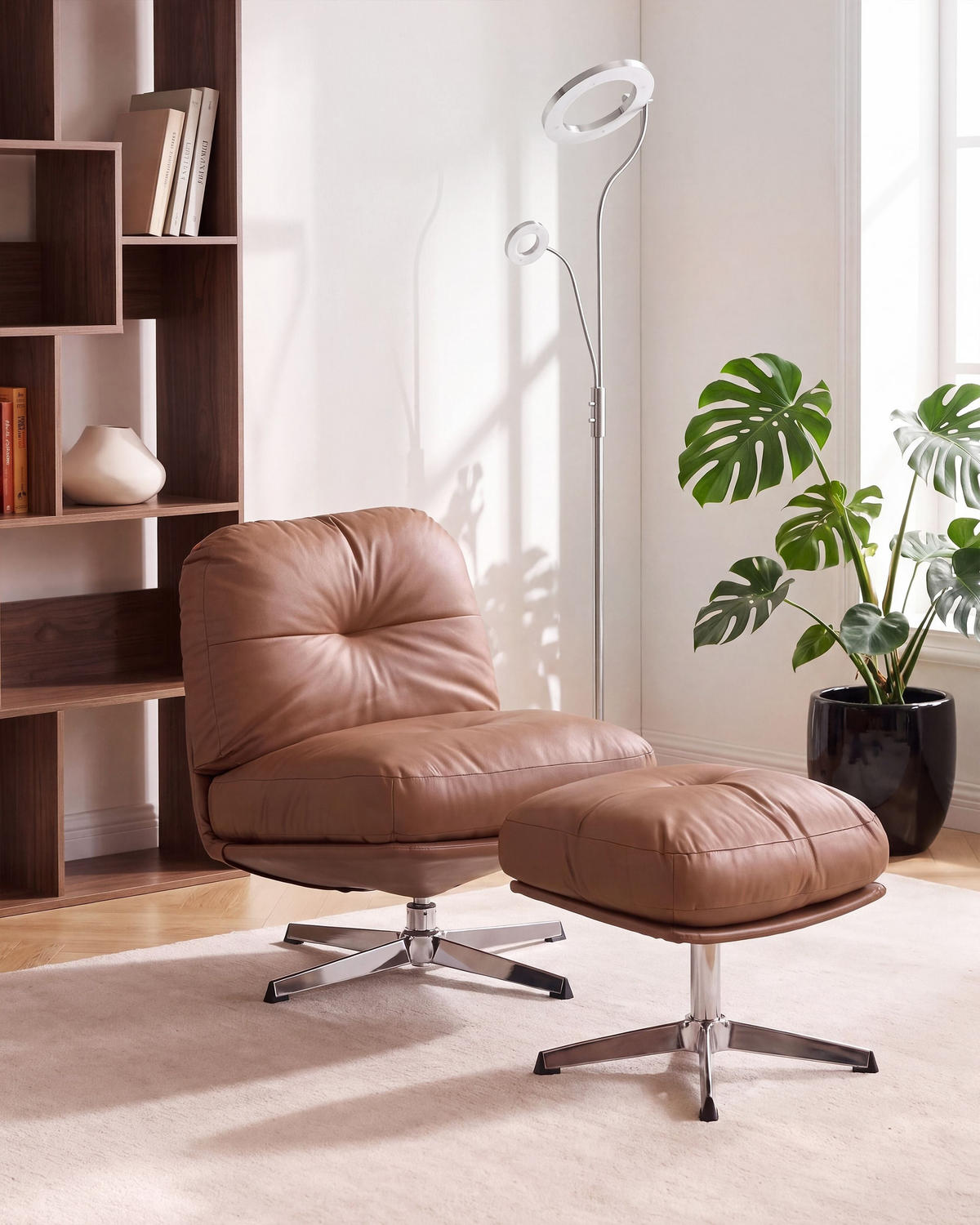 DREHSESSEL mit Fußstütze Stoff Braun Loimaa - Silberfarben/Braun, Textil/Metall (62/77/75cm) - Beliani
